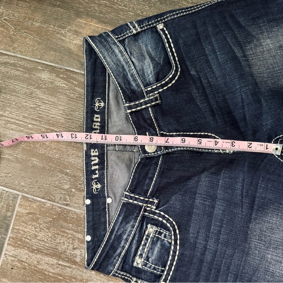 Live Hard Play Hard Design Silver Rhinestone Bootcut Mid-Rise Jeans Sz 30 L 36 - Picture 13 of 13